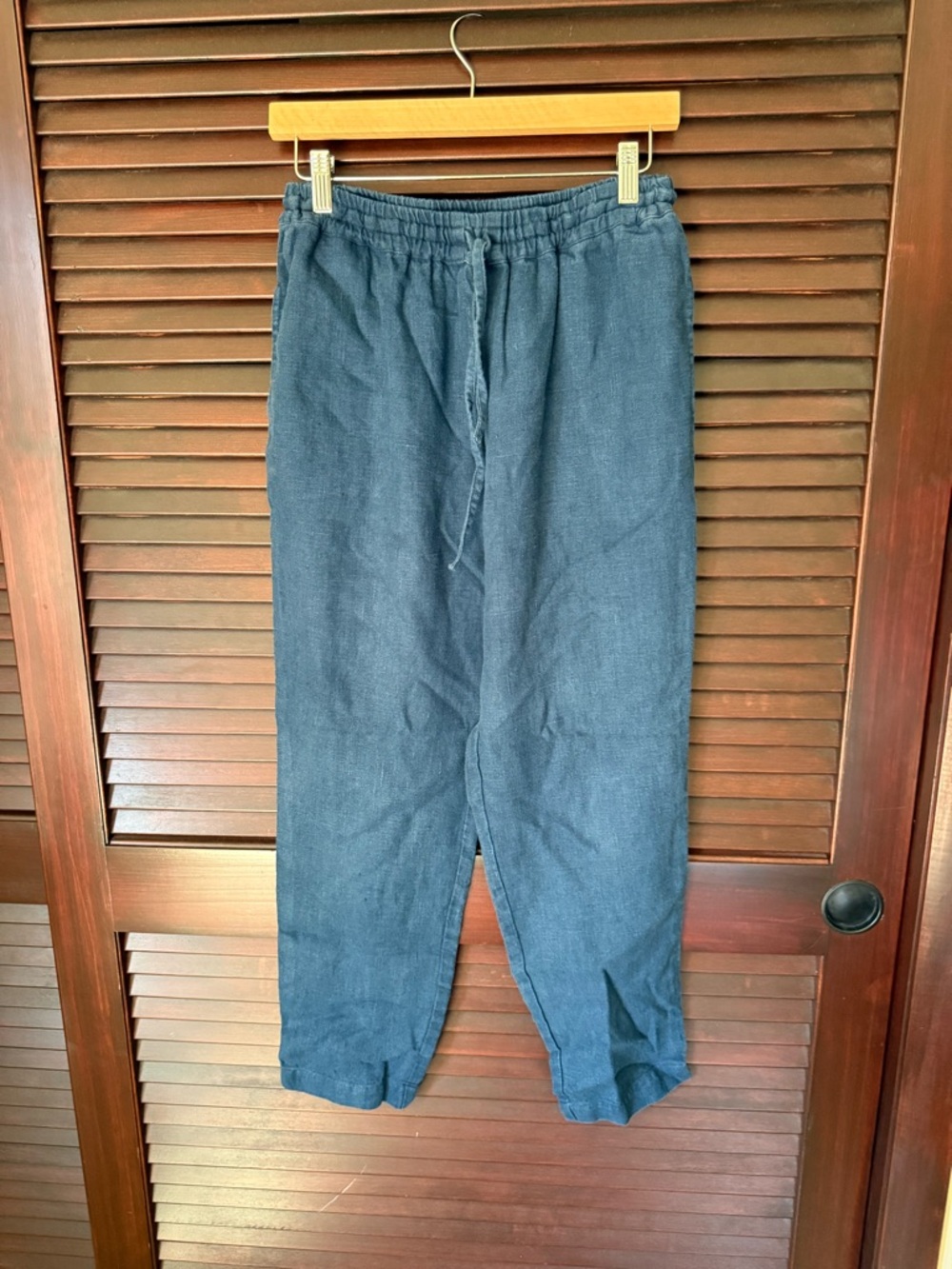 Women Navy Blue Drawstring Linen Pants